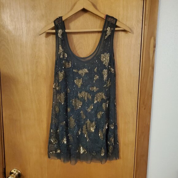 Free People Metal Maiden Soft Mesh Sheer Sequin Slip Dress Womens XS Green/Gold - Picture 4 of 5